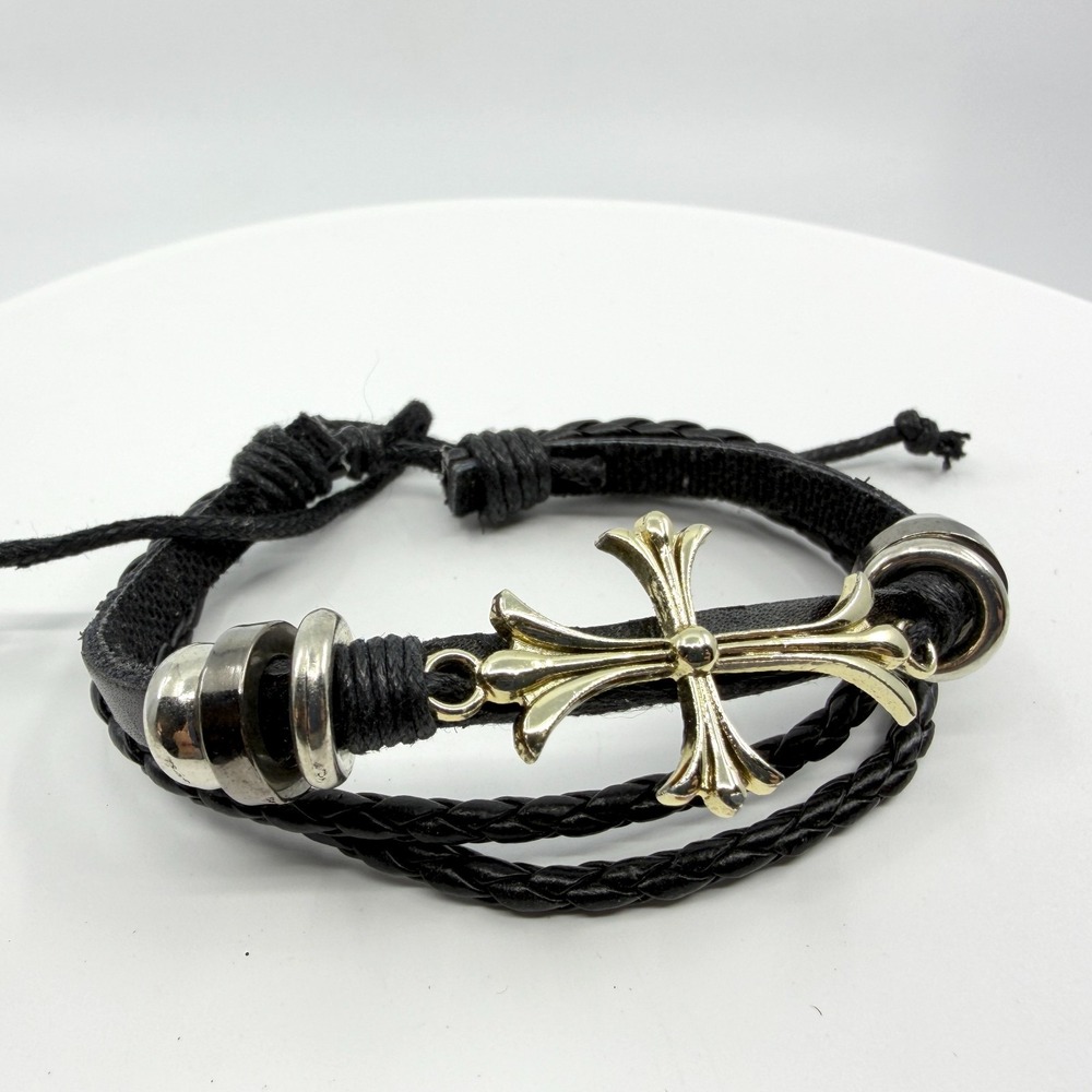 Gothic Cross Black Leather Bracelet with Silver Charm - Rocker Style Gift